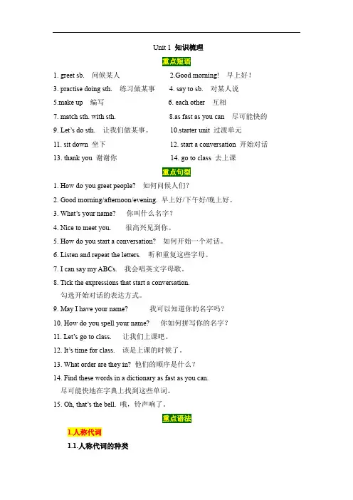 人教版(2024)七年级上册Starter Unit 1 Hello! 单元知识梳理+练习(含解析)