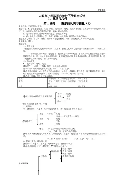 人教版小学数学六年级下册教学设计-2、图形与几何  第1课时    图形的认识与测量(1)(教案)
