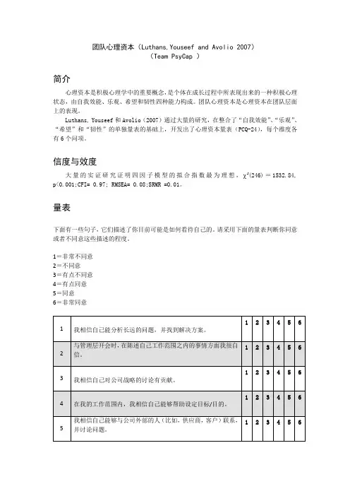 团队心理资本(Luthans,YouseefandAvolio2007)