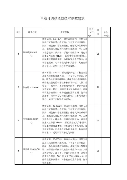 单道可调移液器技术参数要求