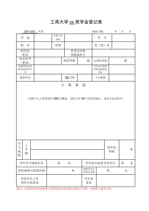 “xx”奖学金登记表