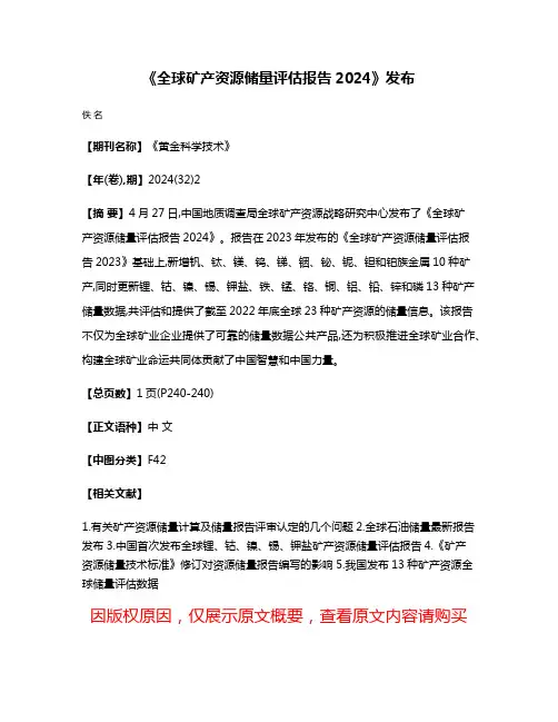 《全球矿产资源储量评估报告2024》发布