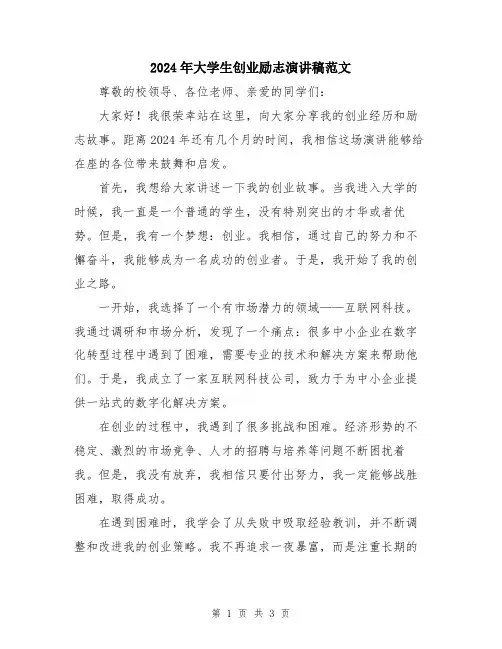 2024年大学生创业励志演讲稿范文