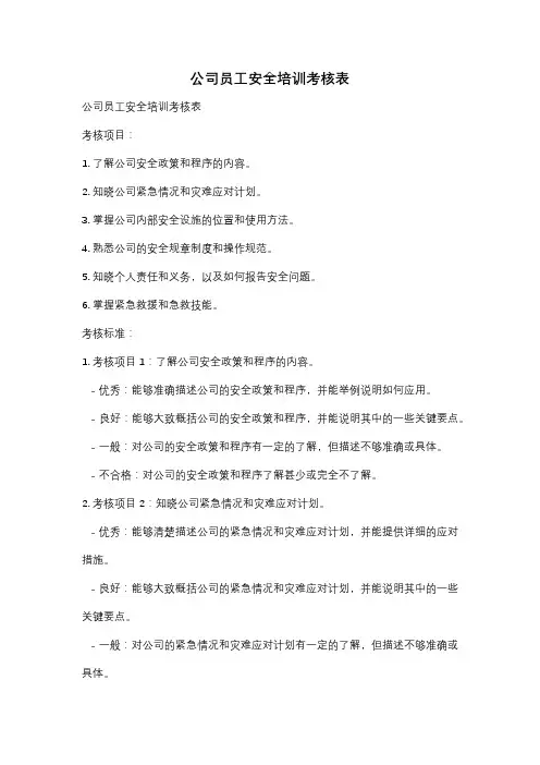 公司员工安全培训考核表