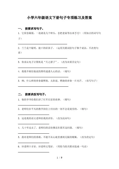 小学六年级语文下册句子专项练习及答案