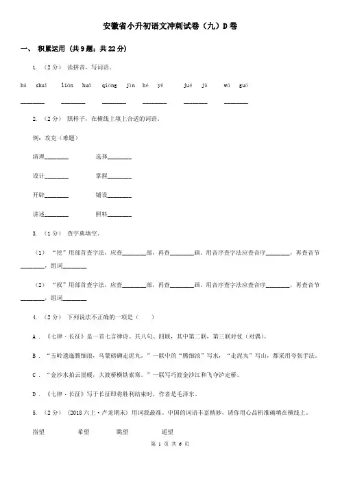 安徽省小升初语文冲刺试卷(九)D卷