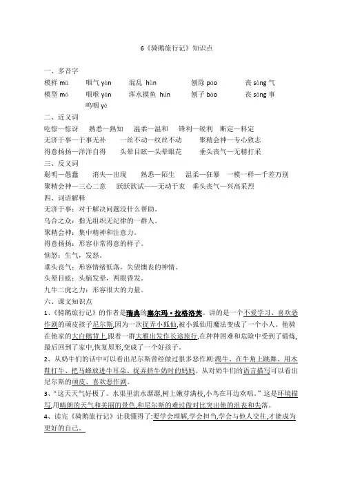 统编六年级下册语文第6课《骑鹅旅行记》课文梳理 知识点