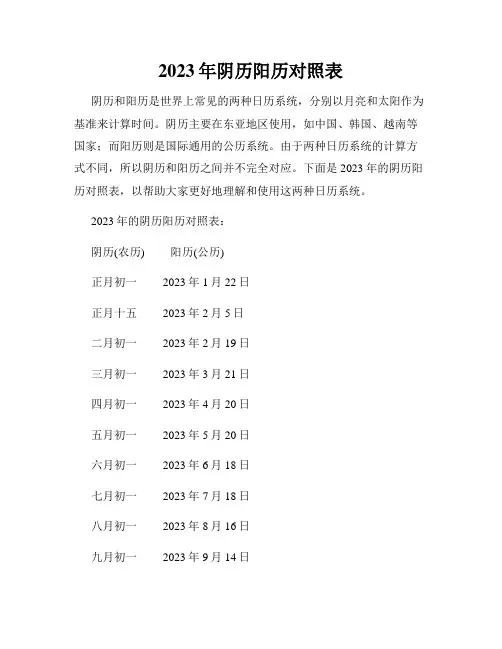 2023年阴历阳历对照表