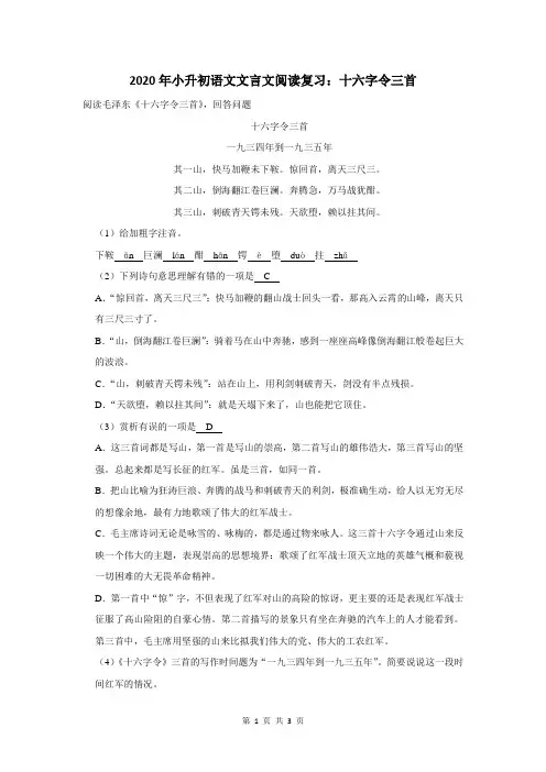 2020年小升初语文文言文阅读复习：十六字令三首