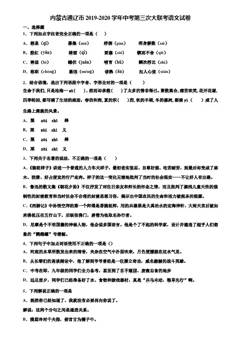 内蒙古通辽市2019-2020学年中考第三次大联考语文试卷含解析