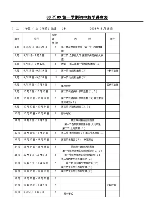 初二地理第一学期教学进度表教案