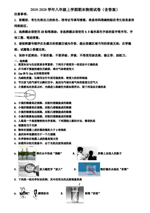 河北省石家庄市2019-2020学年物理八年级上学期期末检测试题
