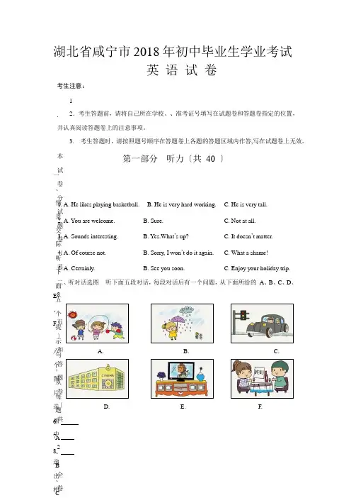 湖北省咸宁市2018年初中毕业生学业考试英语试卷
