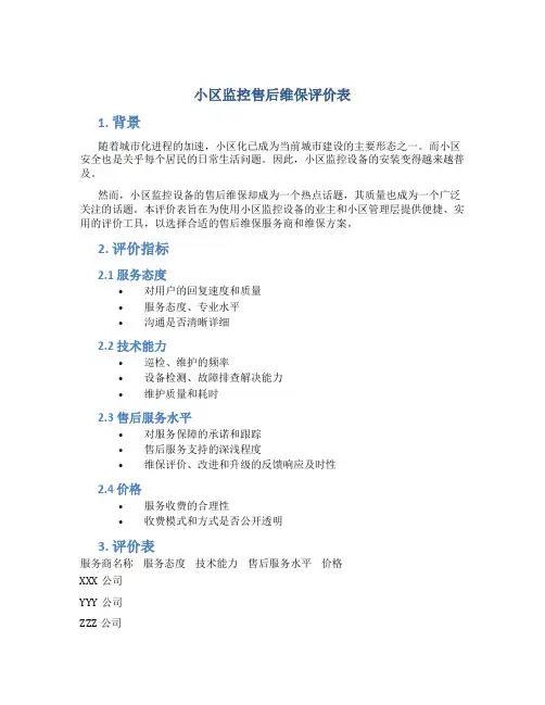 小区监控售后维保评价表