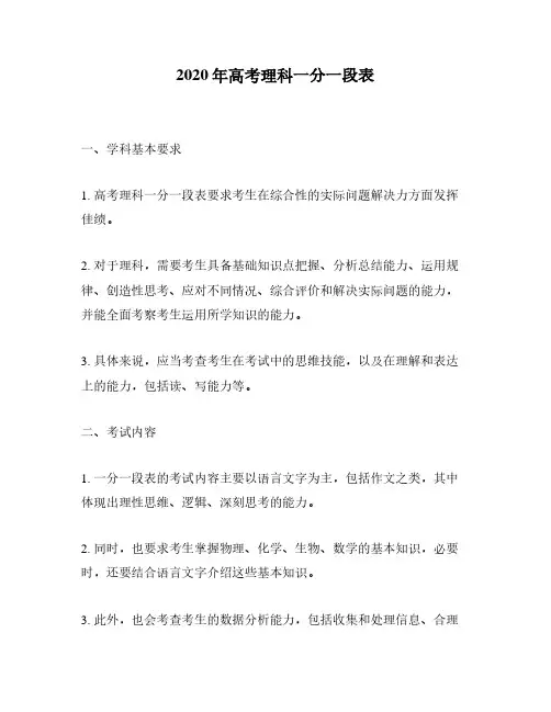 2020年高考理科一分一段表