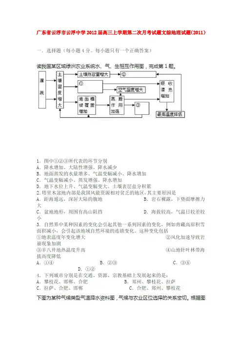 广东省云浮市云浮中学2012届高三上学期第二次月考试题文综地理试题(2011)