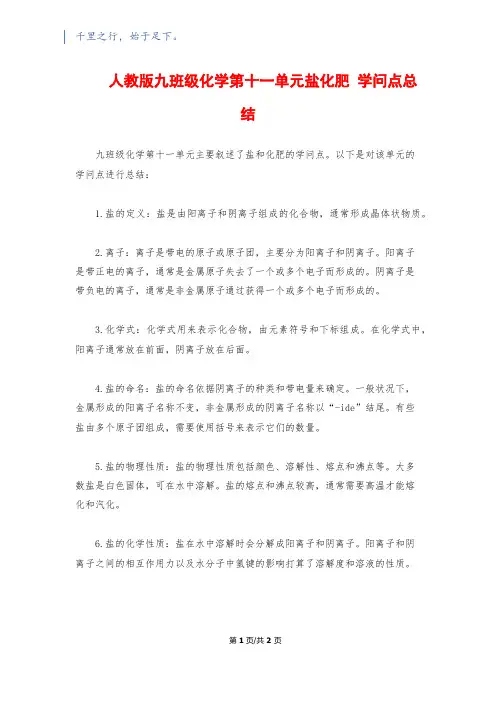 人教版九年级化学第十一单元盐化肥 知识点总结