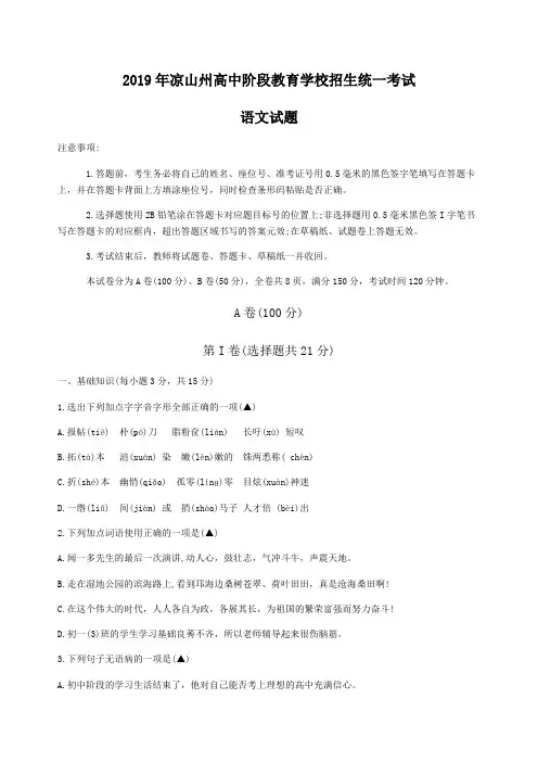 2019年四川省凉山州中考语文试题(含答案)