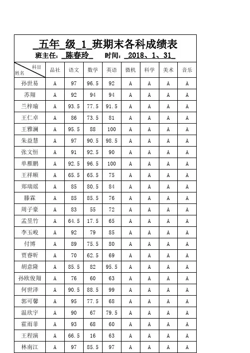 2017下半年五年级期末各科成绩表