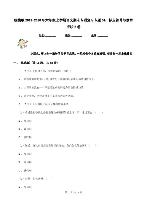 统编版2019-2020年六年级上学期语文期末专项复习专题04：标点符号与修辞手法B卷