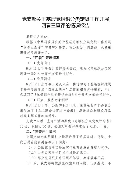 关于党组织分类定级开展“四看三查评”工作的情况报告