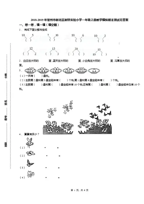 2018-2019年常州市新北区新桥实验小学一年级上册数学模拟期末测试无答案
