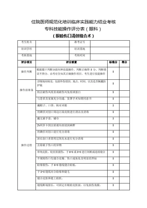 住院医师规范化培训临床实践能力结业考核专科技能操作评分表(眼科)眼睑伤口清创缝合术