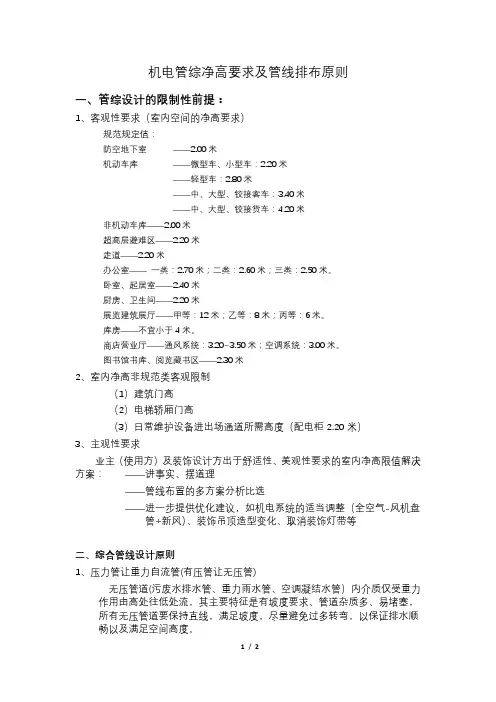 机电管综净高要求及管线排布原则 
