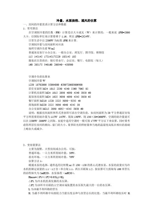 冷量、水泵扬程、通风的估算