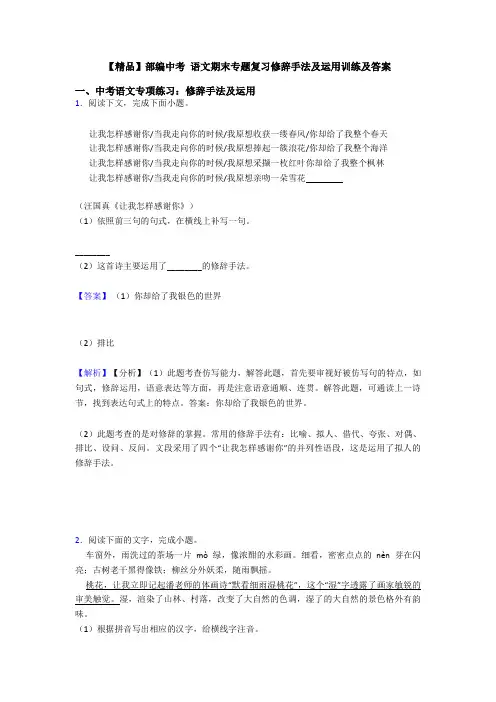 【精品】部编中考 语文期末专题复习修辞手法及运用训练及答案