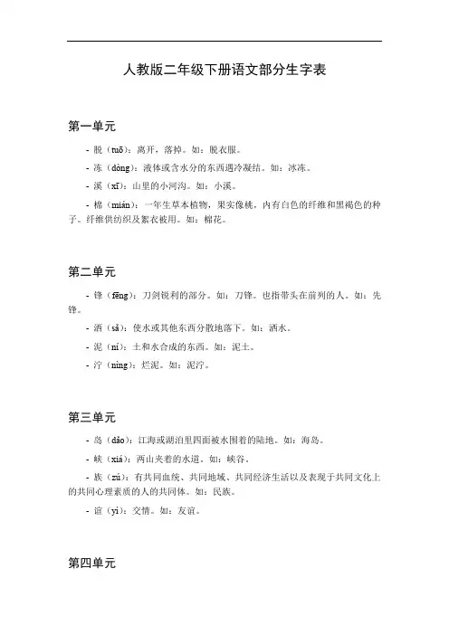人教二年级下册语文生字词表