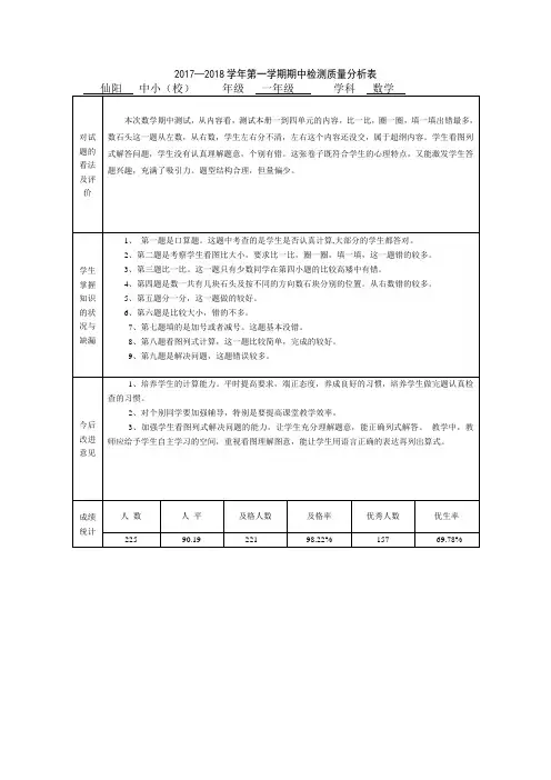 一年级数学期中质量分析表