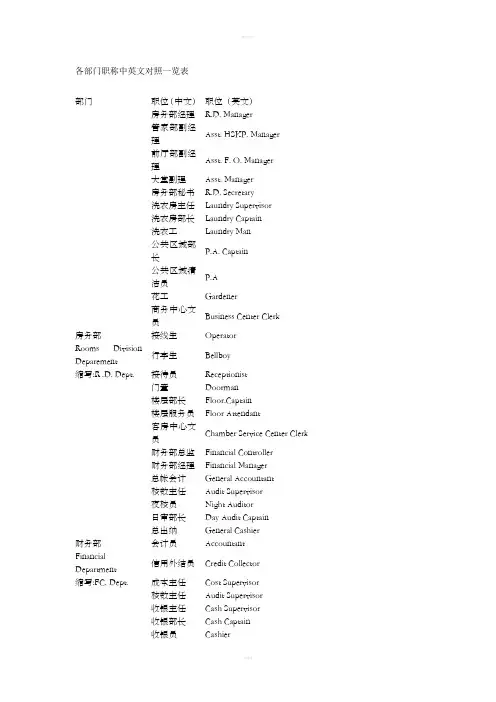 酒店各部门职称中英文对照一览表
