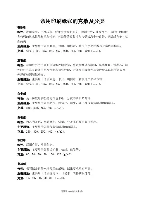 常用印刷纸张的克数及分类