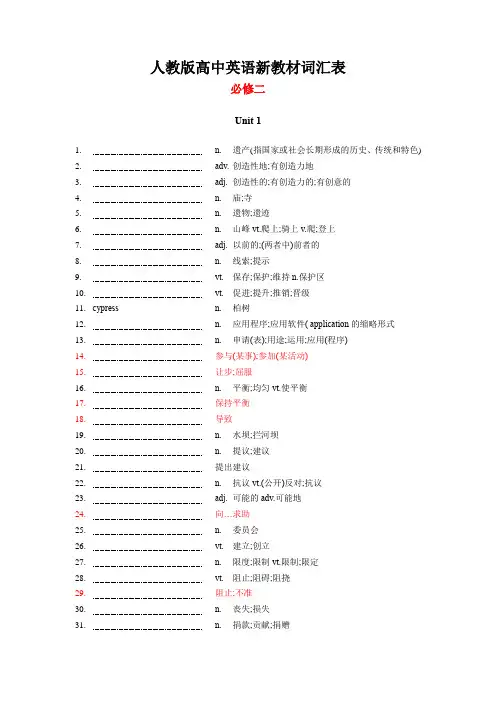 新人教版高中英语必修二U1-U5单词复习默写检测表