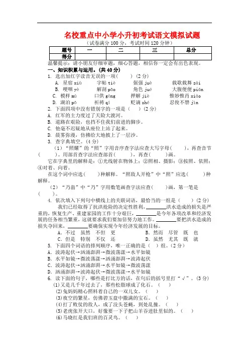 2019年西安市小升初语文模拟试题(共5套)详细答案6
