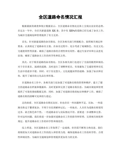全区道路命名情况汇报