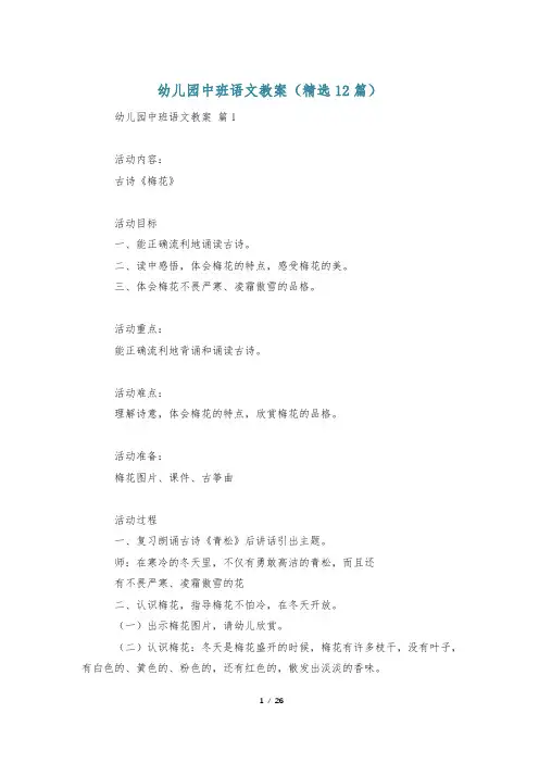 幼儿园中班语文教案(精选12篇)