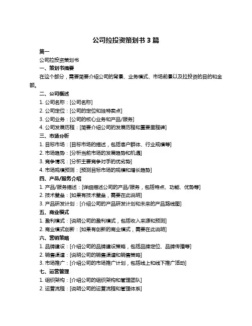 公司拉投资策划书3篇