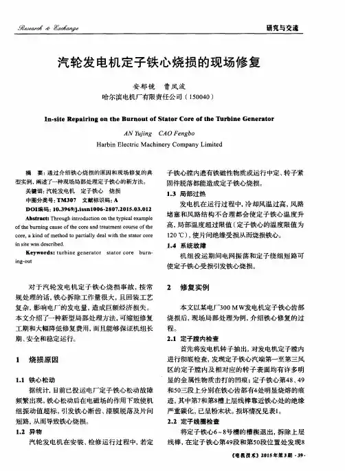 汽轮发电机定子铁心烧损的现场修复