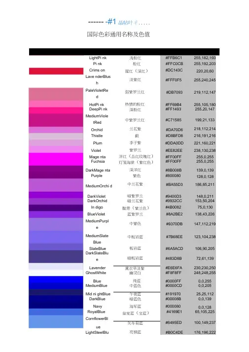 国际色彩通用名称及色值