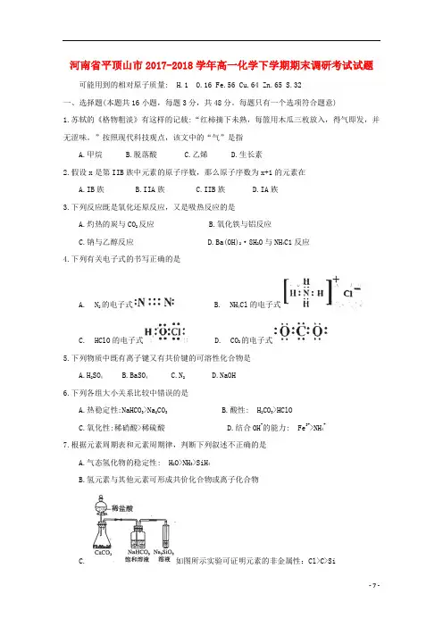 河南省平顶山市高一化学下学期期末调研考试试题