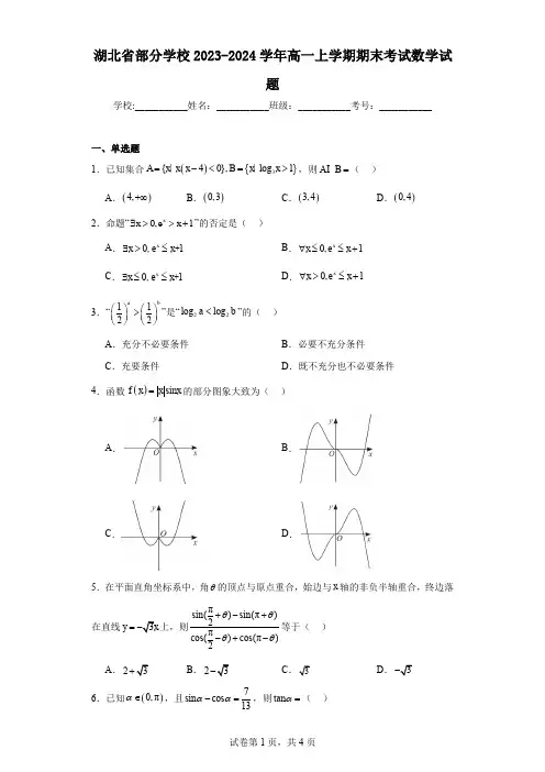 湖北省部分学校2023-2024学年高一上学期期末考试数学试题