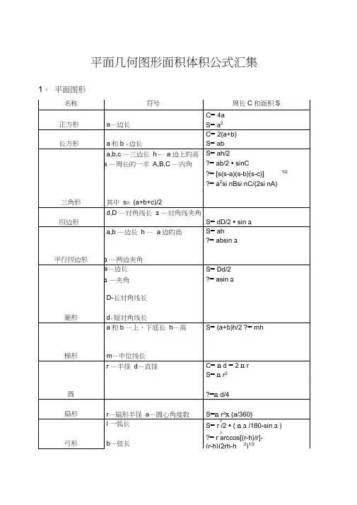 平面几何图形面积体积公式汇集