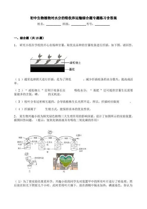 初中生物植物对水分的吸收和运输综合题专题练习含答案