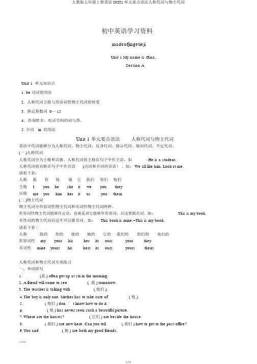 人教版七年级上册英语UNIT1单元重点语法人称代词与物主代词