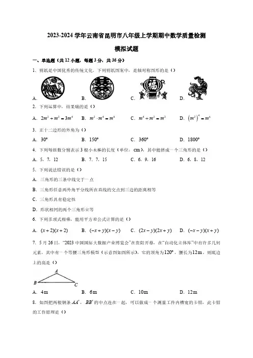 2023-2024学年云南省昆明市八年级上册期中数学学情检测模拟试题(含答案)