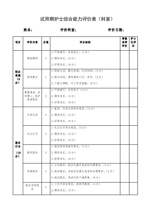 试用期护士综合能力评价