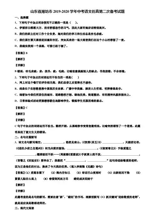 山东省潍坊市2019-2020学年中考语文仿真第二次备考试题含解析