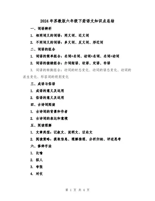 2024年苏教版六年级下册语文知识点总结(2篇)